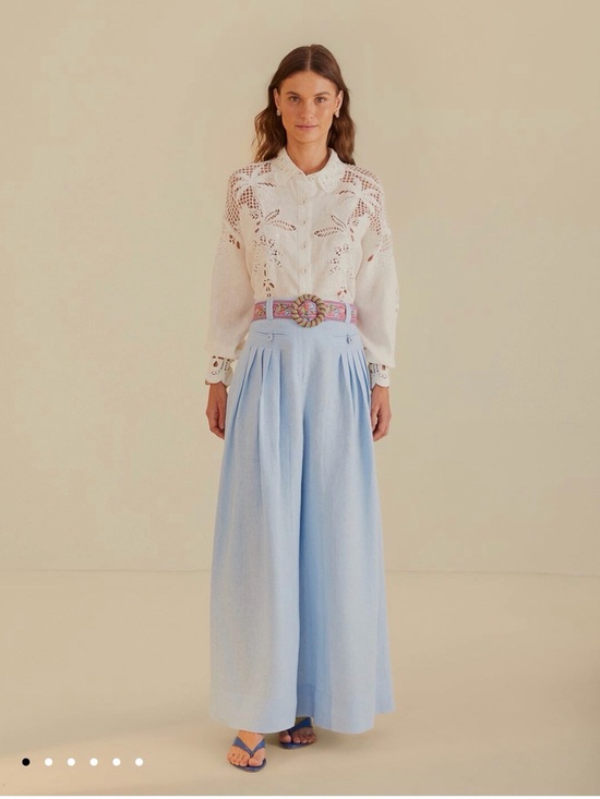 FARM Rio Pants - FARM Rio Pale Blue Wide-Leg Pleated Linen Pants SMALL